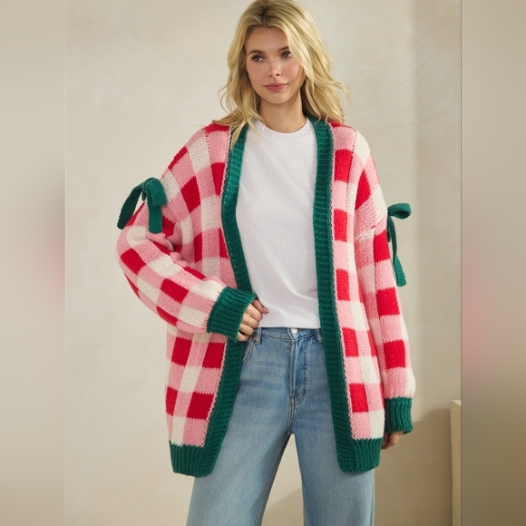 Jackets & Blazers - Christmas Plaid Bow Open Front Sweater Knit Cardigan